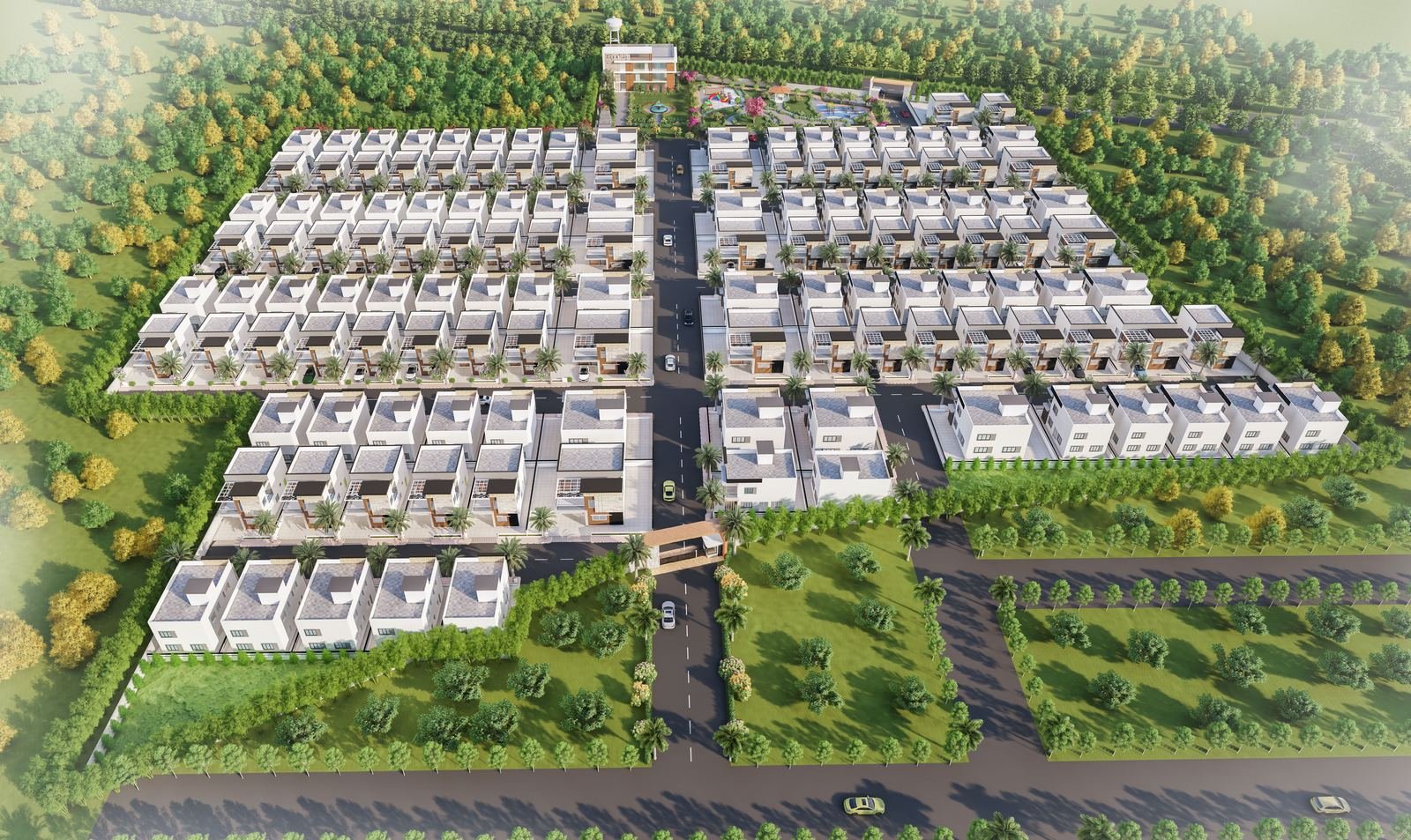Artist's impression aerial view of El Dorado: rows of two-storey individual houses on plots along internal roads, the clubhouse and landscaped park at the far end, surrounded by green fields