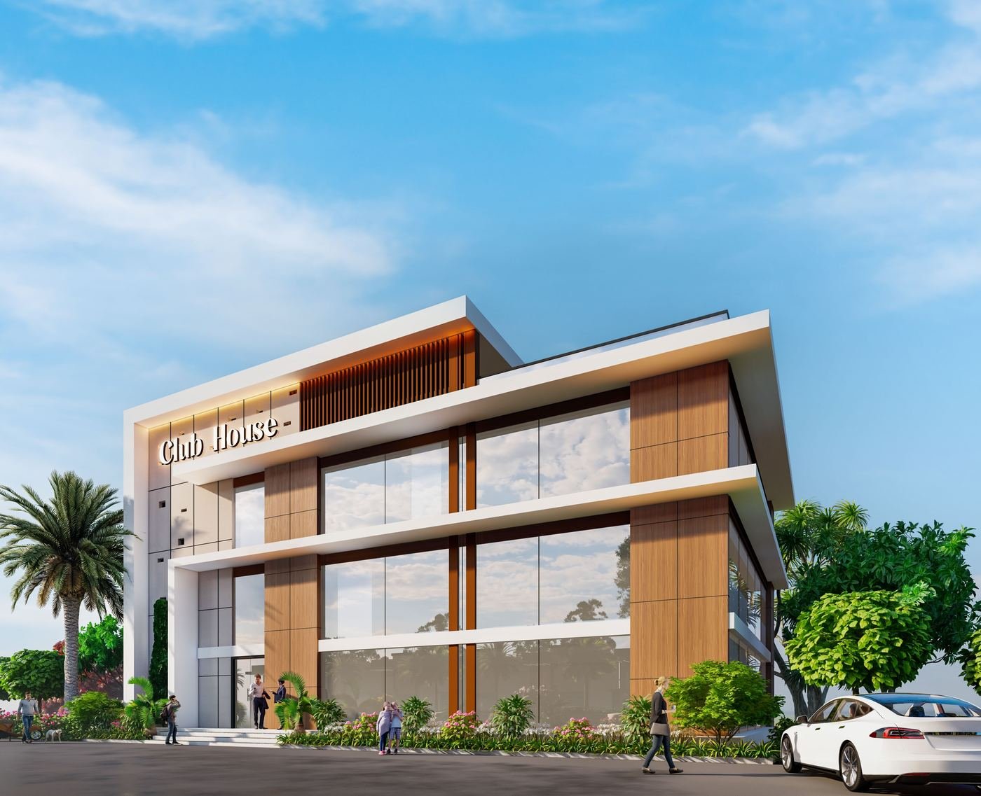 Artist's impression of the El Dorado clubhouse: a three-storey building with wood-panelled columns, wide glass frontage and 'Club House' lettering