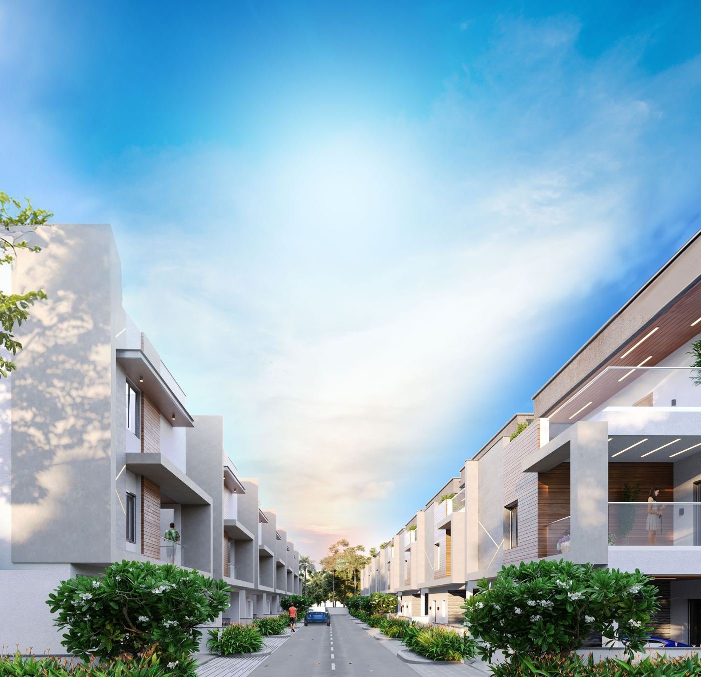 Artist's impression of a street at Green Planet, another Green Stone project in Shadnagar, lined with multi-storey villas