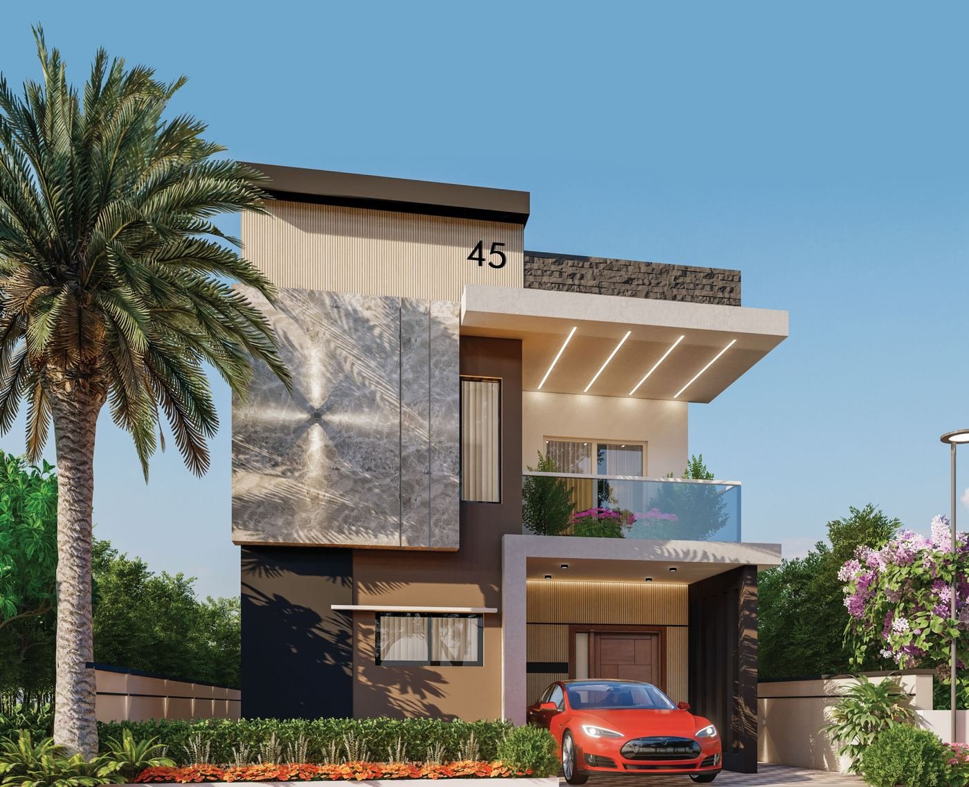 Artist's impression of an El Dorado east-facing individual house: a two-storey contemporary home with a stone-clad feature wall, glass balcony, covered car porch and palm trees