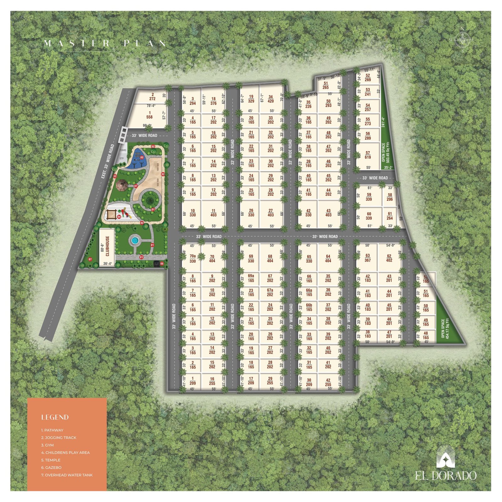 El Dorado master plan showing numbered plots with their sizes in square yards, 33 ft wide internal roads, the clubhouse, landscaped park, open spaces and the legend