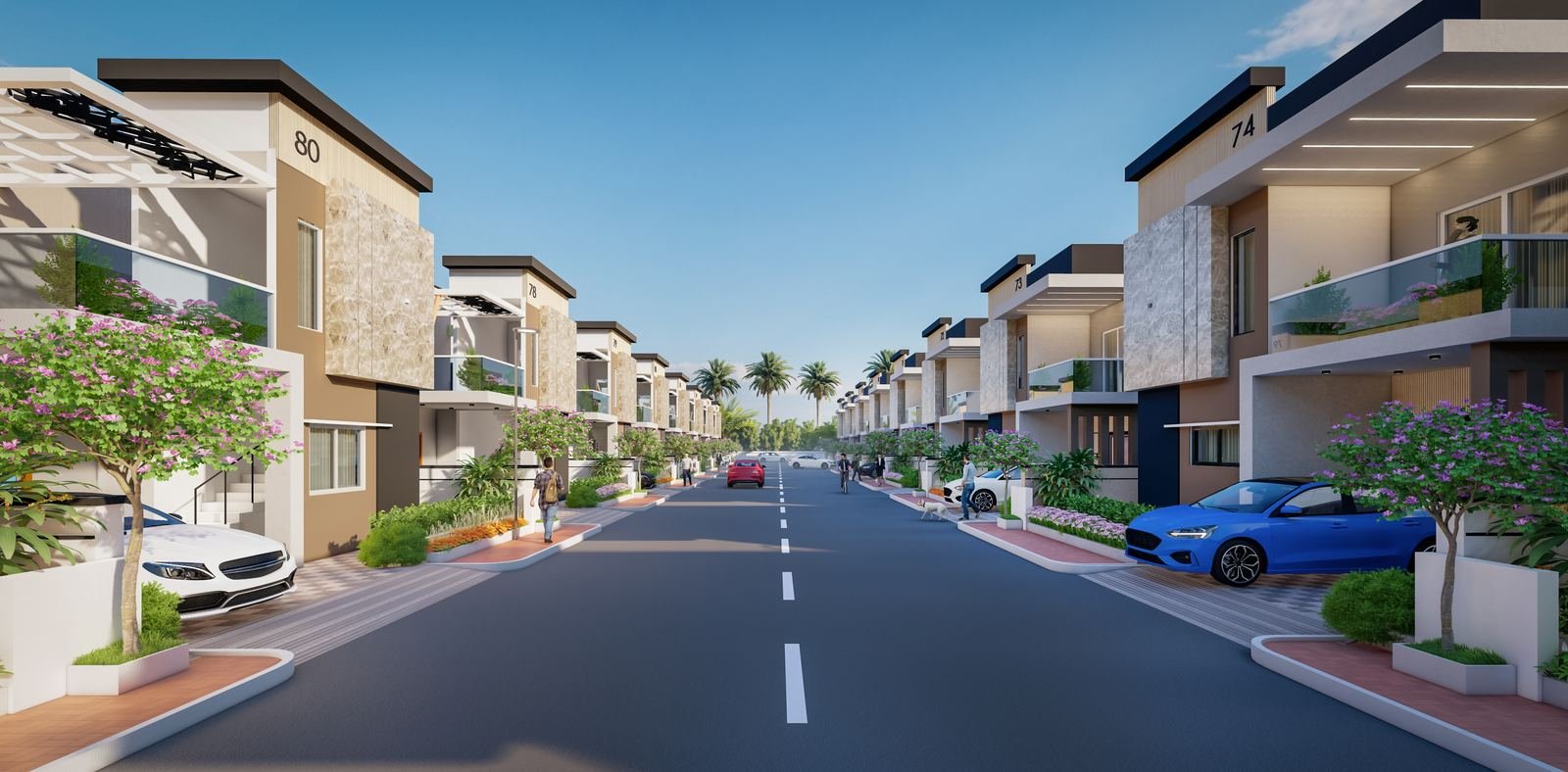 Artist's impression of a tree-lined internal street with individual houses on both sides